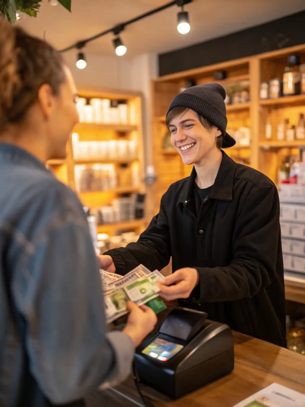A photo of a driver purchasing a vignette at a point of sale, such as a gas station or border crossing.
